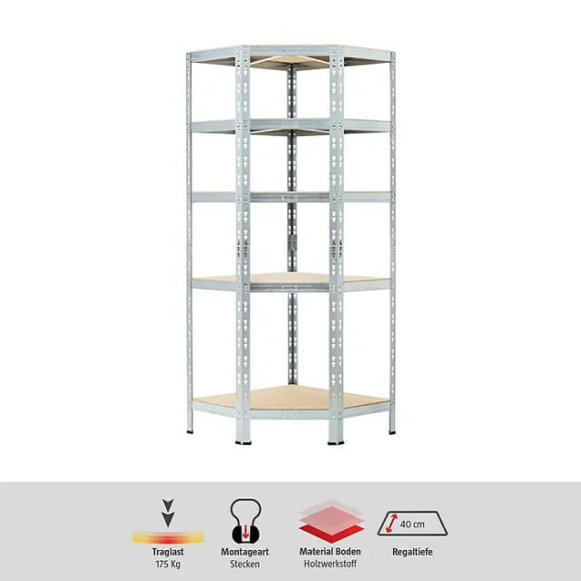 Regalux Eckregal (H x B x T: 180 x 70 x 40 cm, Traglast pro Boden: 175 kg, Anzahl Böden: 5 Stk., Stecken, Silber)