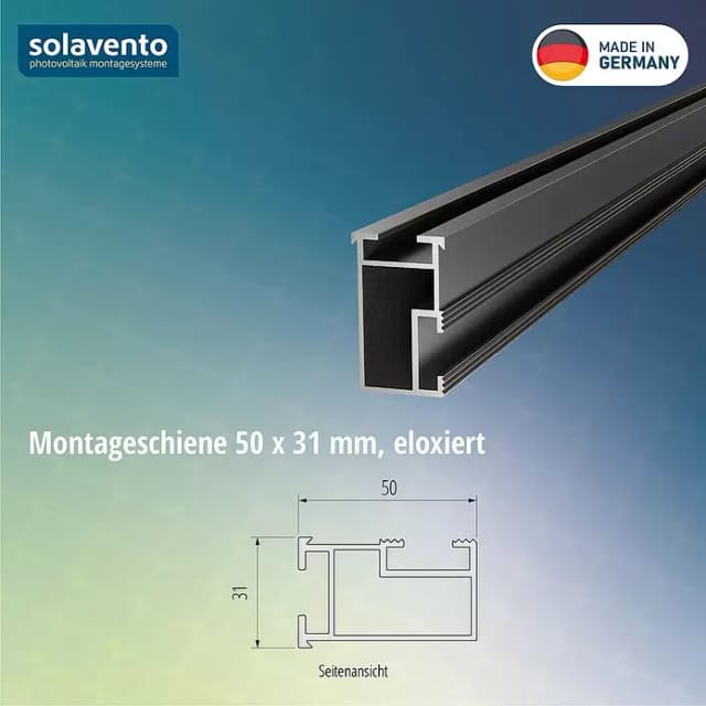 Solavento Montageschiene (1.200 x 31 x 50 mm, Schwarz, Geeignet für: Schrägdach)