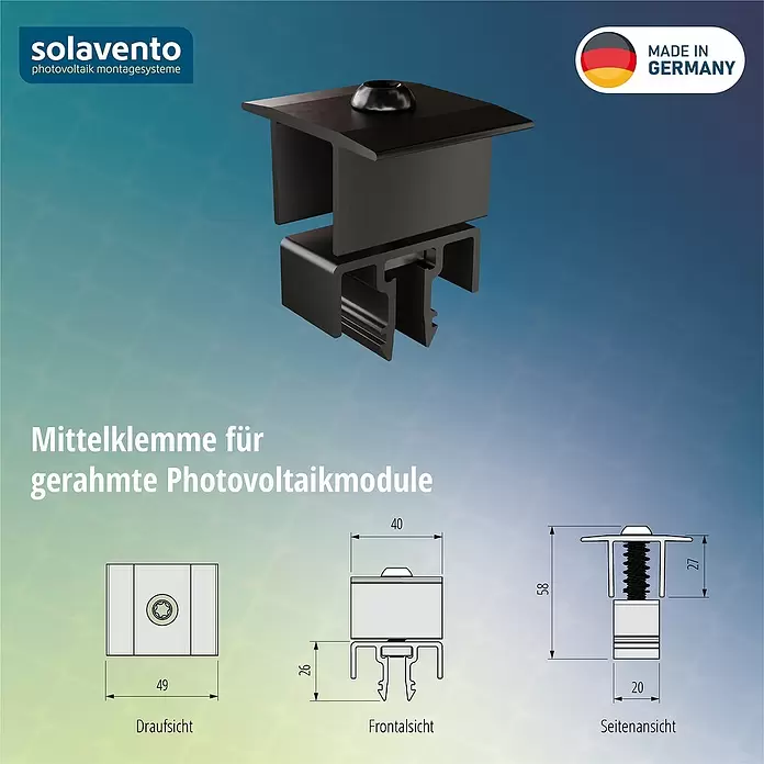 Solavento Mittelklemme (Aluminium, Schwarz, Geeignet für: Schrägdach)
