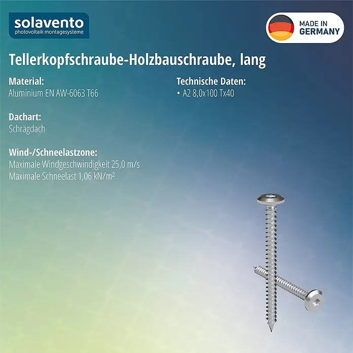 Solavento Tellerkopfschraube (L x B x H: 100 x 20 x 20 mm, Geeignet für: Schrägdach)