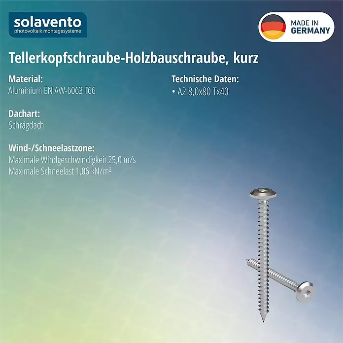 Solavento Tellerkopfschraube (L x B x H: 80 x 20 x 20 mm, Geeignet für: Schrägdach)