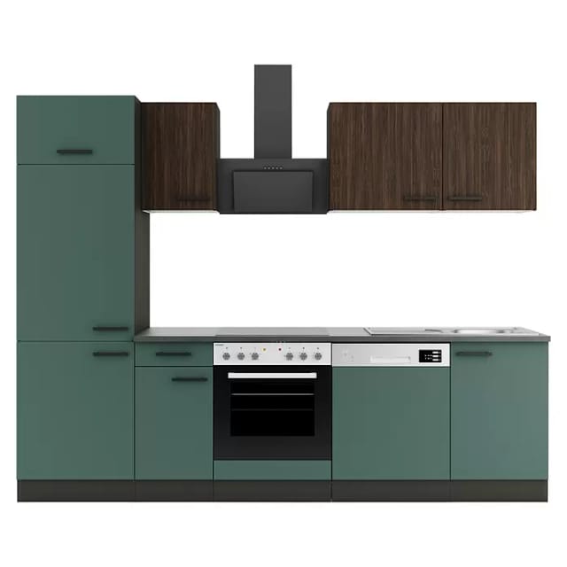 Optifit Verona405 Küchenzeile Typ 4 (Breite: 270 cm, Steingrün/Rillendekor Nussbaum, Mit Elektrogeräten)