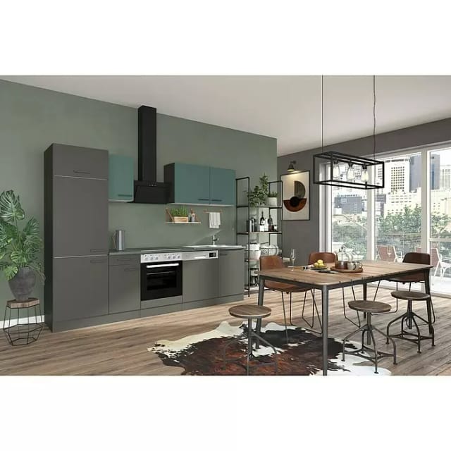 Optifit Verona405 Küchenzeile Typ 3 (Breite: 270 cm, Anthrazit/Steingrün, Mit Elektrogeräten)