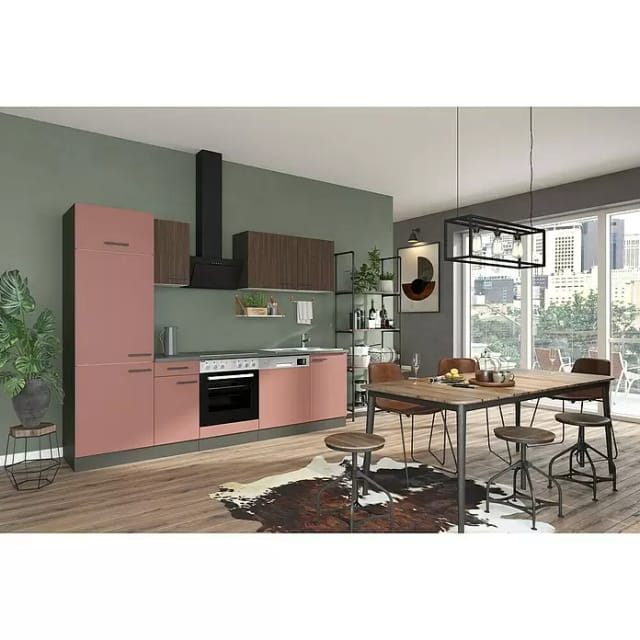 Optifit Nizza407 Küchenzeile Typ 1 (Breite: 270 cm, Rostrot/Rillendekor Nussbaum, Mit Elektrogeräten)