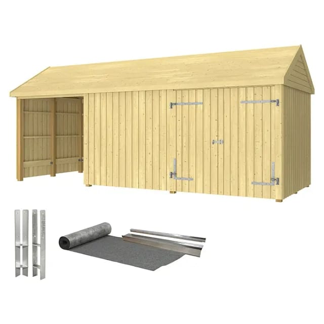 Plus Gartenhaus Classic Multi offen/geschlossen mit Doppeltür (Außenmaß inkl. Dachüberstand (B x T): 636 x 254 cm, Holz, Natur, Mit Dachpappe, Aluleis