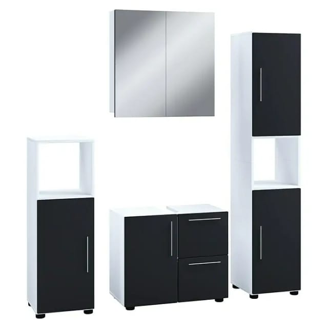 VCM Flandu Badmöbel-Set (Mit Spiegelschrank, Gesamtbreite Badmöbel: 123 cm, Weiß/Schwarz, Matt, 4 -tlg.)