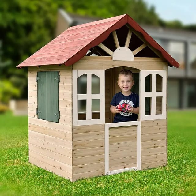 Dobar Spielhaus (L x B x H: 115 x 102 x 129 cm, Holz, Naturbelassen/Rot)