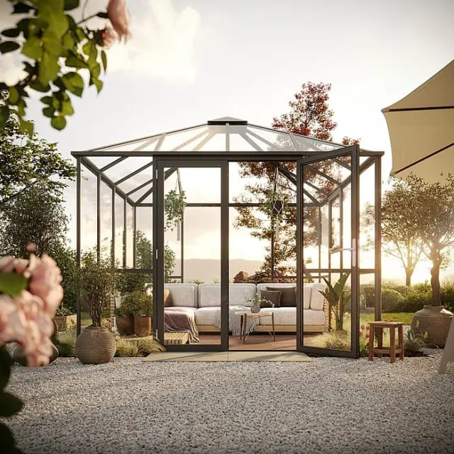 KGT Gewächshaus PaviLux 3,0 (Außenmaß inkl. Dachüberstand (B x T): 300 x 300 cm, 4 mm, Anthrazit-grau, Einscheibensicherheitsglas)