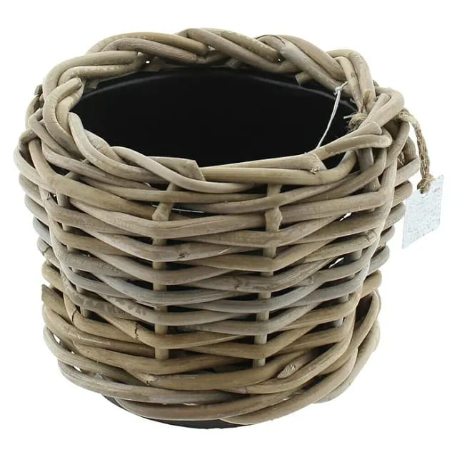 Van der Leeden Drypot Pflanzkübel rund Split (Ø x H: 20 x 15 cm, Rattan, Grau)