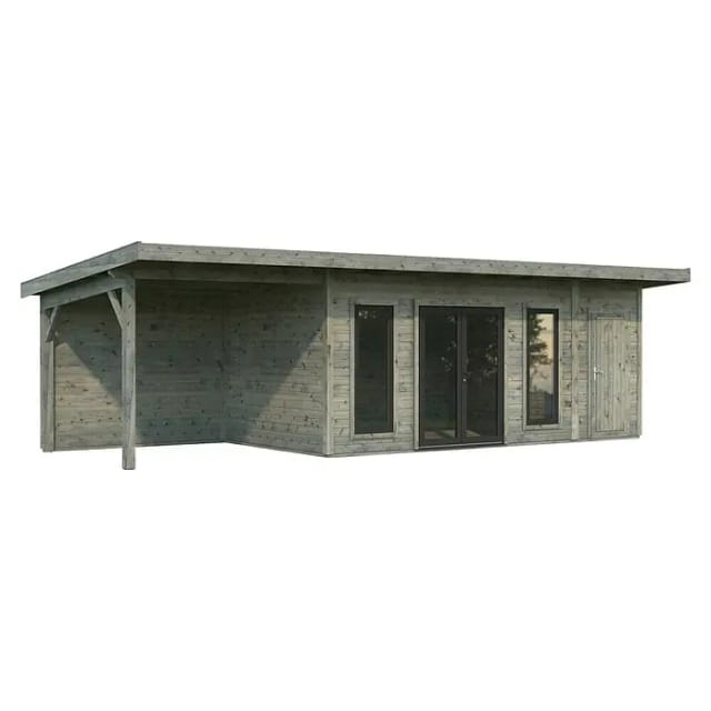 Palmako Gartenhaus Aurelia (Außenmaß inkl. Dachüberstand (B x T): 911 x 404 cm, Holz, Grau, Inklusive überdachtem Freisitz und Abstellraum mit separat