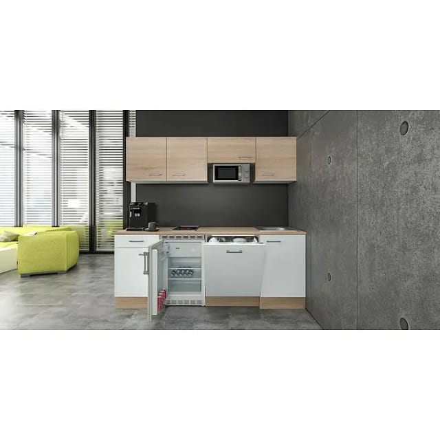 Flex-Well Samoa Singleküche (Breite: 210 cm, Weiß/Braun, Mit 2-Platten-Cerankochfeld & Mikrowelle)