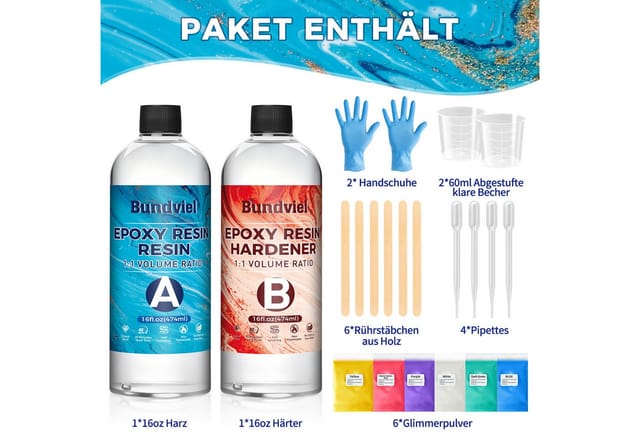 Bundviel Epoxidharz 256/128/70/64/35oz Epoxidharz Mit Härter Set,Epoxidharz Set Anfänger (20-St., mit Messbecher, Rührstab, Färbepulver, Pipette und Handschuhen), für DIY Schmuckherstellung,Handwerk,Holz,Aquarium