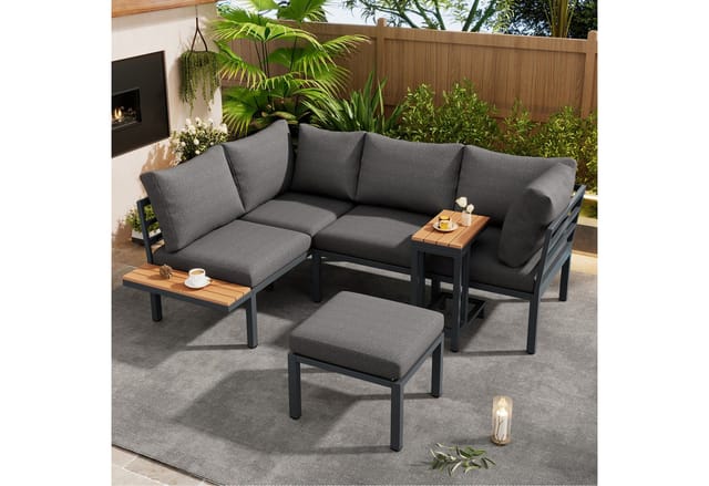Flieks Gartenlounge-Set, 5-Sitzer Gartenmöbel Sofa &Beistelltisch &Hocker (kann als Couchtisch)