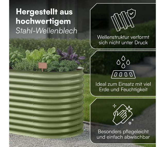 STEELSØN Hochbeet Hydra aus verzinktem Stahl-Wellblech (240 cm breit, Grün), Gemüsebeet mit offener Bodenstruktur