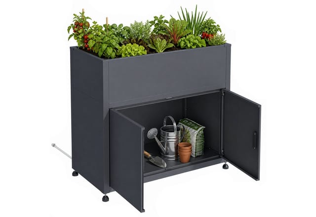 Zelsius Hochbeet Hochbeet für Garten mit Stauraum Anthrazit RAL 7016, 100 x 50 x 90 cm, Integriertes Drainagesystem gegen Staunässe