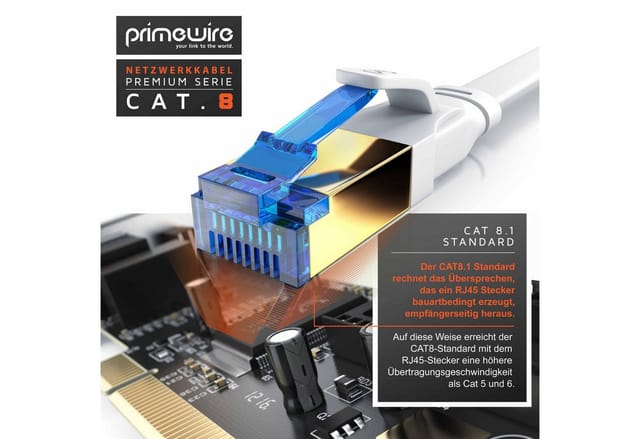 Primewire LAN-Kabel, CAT.8, RJ-45 (Ethernet) (500 cm), Patchkabel flach CAT 8, Gigabit Flachband Netzwerkkabel 40 Gbit/s - 5m