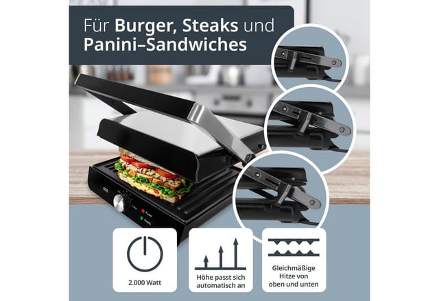 ADE Kontaktgrill 3-in-1 Sandwichmaker Paninitoaster Tischgrill, 2000,00 W, 180° aufklappbar, Antihaftbeschichtung, Temperaturregelung