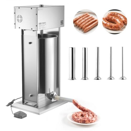 VEVOR 25 L Elektrische Wurstfüllmaschine, Vertikaler Edelstahl-Wurstfüller mit Stufenloser Geschwindigkeit, Fußpedal & 5 Füllrohren, Ideal für Gewerbe Metzgerei Haushalt