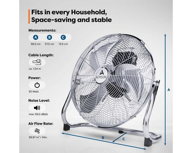 Aerson Bodenventilator 30cm Chrom Windmaschine 45w Tischventilator Ventilator Standventilator