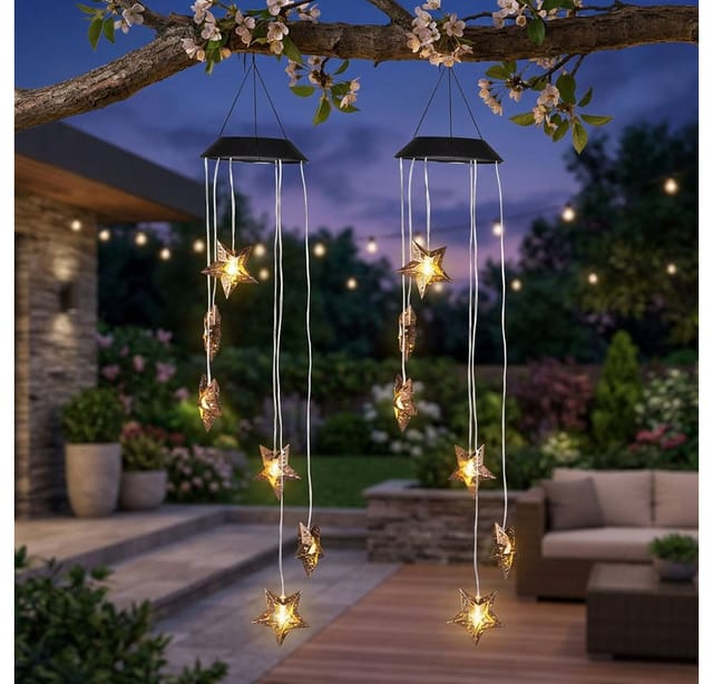 Led Solar Windspiel Hängeleuchte Gartenlampe Deko 6 Flammig Außen Sterne, Metall, Led, H 70 Cm, 2er Set