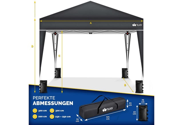 Pavillon 3x3m Anthrazit Wasserdicht Pop-up Faltpavillon Höhenverstellbar Gartenzelt Uv Schutz 50+ Partyzelt Mit Tasche Für Garten - Tillvex