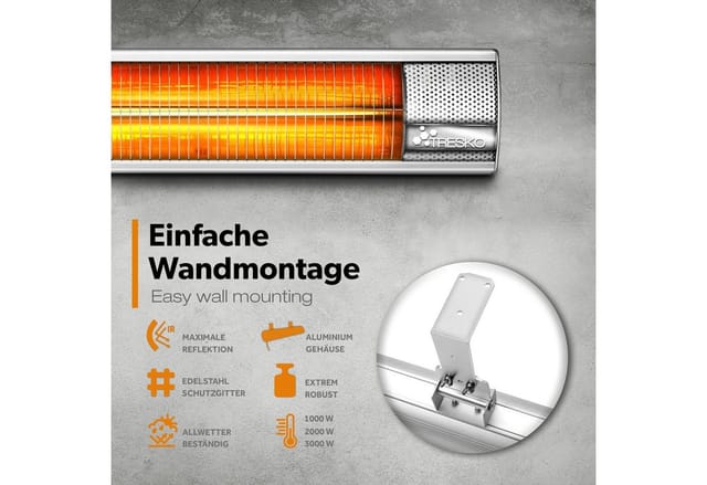 Tresko Infrarot Heizstrahler 3000w Silber Mit Fernbedienung & Abdeckung Wärmestrahler Terrasse Elektrisch Mit 3 Heizstufen Terrassenstrahler Innen & Außen Wand-heizstrahler Infrarotstrahler Quarzst