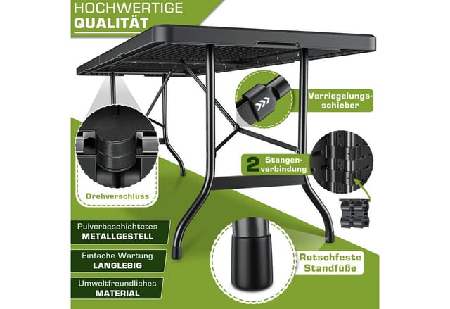 Tillvex Gartentisch 180x75cm Schwarz Klappbar Kunststoff Buffettisch Mit Tragegriff Klapptisch Für Garten Terrasse Und Balkon Campingtisch 6 Personen