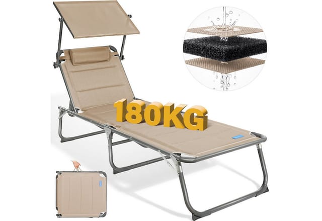 Homecall Gartenliege Sonnenliege Aluliege Liegestuhl Liege Klappbar, Textilene Mit Dickem Schwamm, Mit Verstellbare Rückenlehne, Sonnenblende, Kopfpolster, Bis 180kg-beige