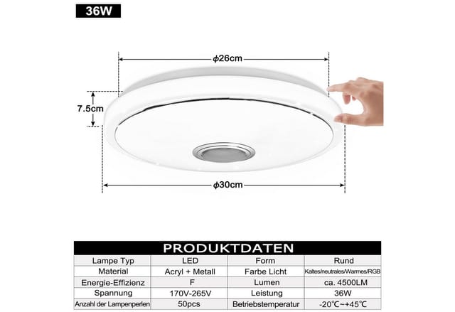 FIVMEN LED Deckenleuchte Deckenlampe 36W/48W Dimmbar Ceiling Light mit Bluetooth Lautsprecher, LED fest integriert
