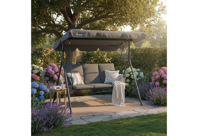 HinHocker Hollywoodschaukel 3-Sitzer mit Sonnendach, Grau, bis 250 kg belastbar, Gartenschaukel, 3.00-Sitzer, Schwingen, Sonnendach