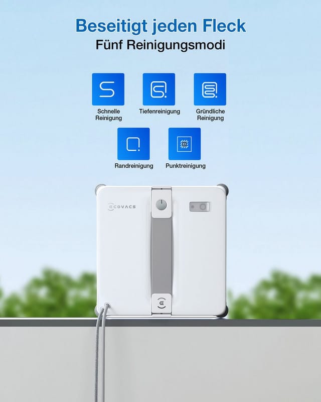 ECOVACS Fensterputzroboter WINBOT Mini 2, inkl. Reinungslösung 230ml, (Appsteuerung) 50ml Wassertank, Bürsten an allen Ecken, 3,5m Kabel