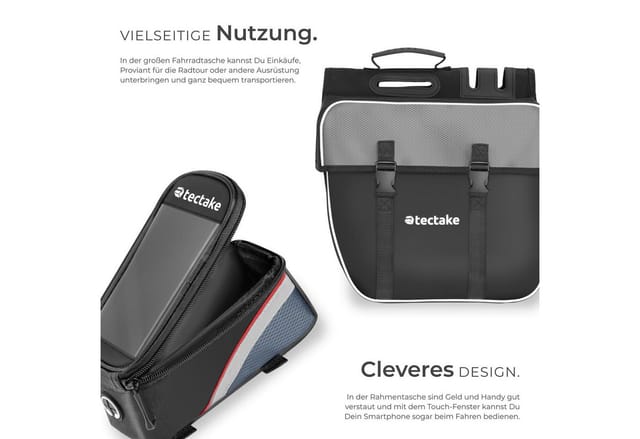 tectake Fahrradtasche (Fahrradtasche Set GEORG, in schwarz/rot), Mit reflektierenden Streifen