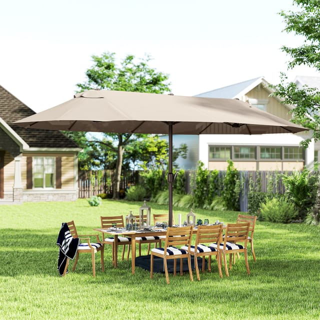 Doppelter Gartenschirm 460 X 270 Cm, Außenschirm Mit Kurbelöffnung, Kreuzfuß Und Ballast, Stahl Und Khakifarbenes Polyester