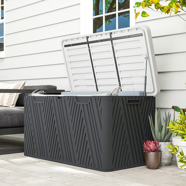380-liter-aufbewahrungsbox Aus Hdpe Für Den Außenbereich Mit Hebeldeckel Und 2 Seitlichen Tragegriffen, Wasserdicht, Uv-beständig, 115 X 60 X 60 Cm, Schwarz Und Grau