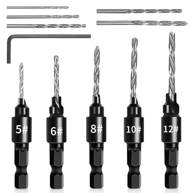 3-in-1 Holz-senkbohrer-set Mit Einstellbarem Tiefenanschlag, 1/4"-sechskant Für Schnellen Wechsel, 82°-winkeln, Größen Nr. 5 Bis Nr. 12.