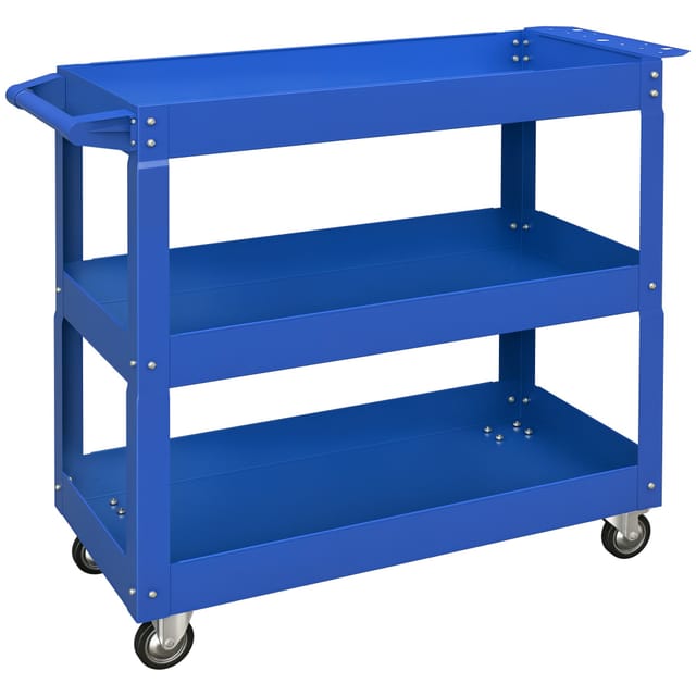 Industrieller Servierwagen Mit 3 Blauen Stahlablagen, Rädern Und Griff, Tragkraft 150 Kg, Abmessungen 83 X 35,3 X 76 Cm