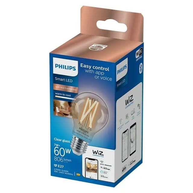 WiZ Smart-LED-Lampe A60 (E27, Dimmbar, Warmweiß, 806 lm, 7 W, 1 Stk.)