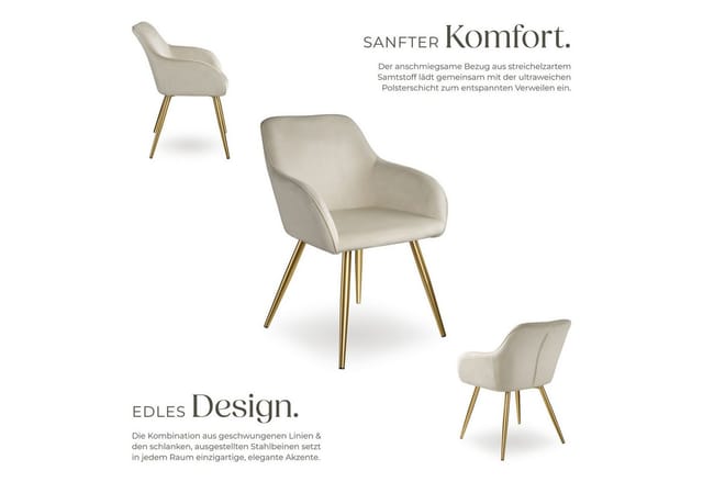 Tectake Esszimmerstuhl Marilyn Gepolstert In Samtoptik Durchgehende Lehne 62 x 58 x 82 cm Creme Gold