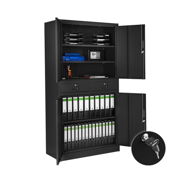 Tectake Aktenschrank Aus Pulverbeschichtetem Stahl Mit 4 Flügeltüren und 2 Schubfächern 80 x 40 x 180 cm Schwarz Schwarz