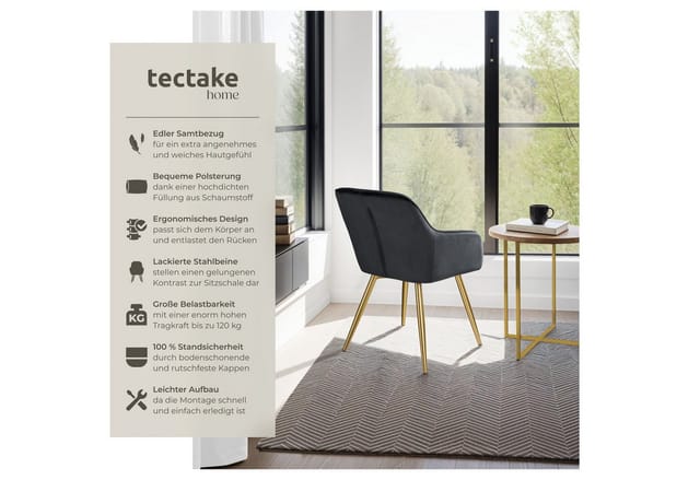 Tectake Esszimmerstuhl Marilyn Gepolstert In Samtoptik Durchgehende Lehne 4Er Set 62 x 58 x 82 cm Schwarz Gold