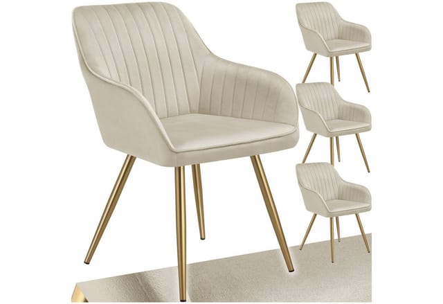 Tectake Esszimmerstuhl Marilyn Gepolstert In Samtoptik Gesteppt Durchgehende Lehne 4Er Set 62 x 58 x 82 cm Creme Gold