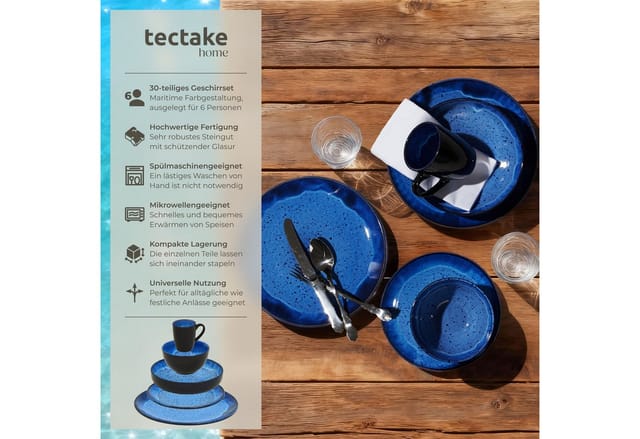 Tectake Kombiservice Mare Für 6 Personen Handgefertigt Im Maritimen Design 26 5 x 26 5 x 2 5 cm Blau