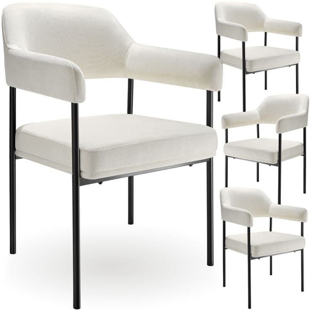 Tectake Armlehnstuhl Doé Gepolstert Durchgehende Lehne 4Er Set 62 x 58 x 85 cm Webstoff Off White Schwarz