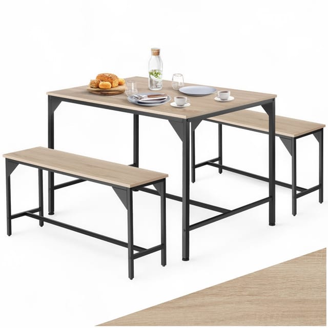 Tectake Sitzgruppe Bolton 3 Teilig Esstisch Mit 2 Sitzbänken 100 x 130 x 75 cm Industrial Holz Hell Eiche Sonoma