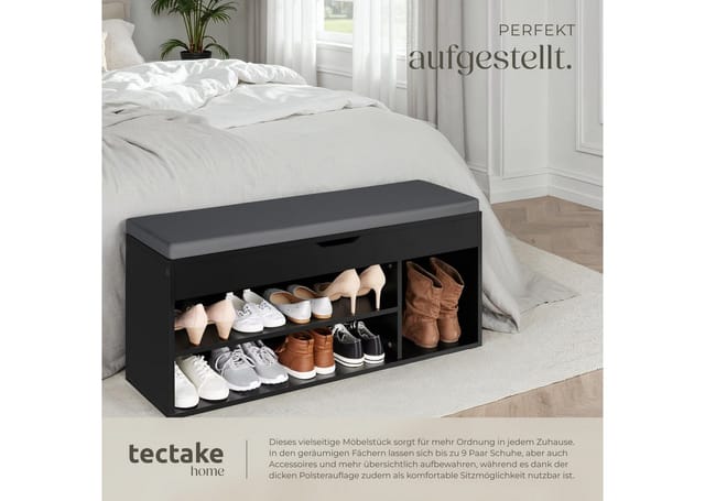 Tectake Schuhbank Natalya Für 9 Paar Schuhe Mit Sitzpolster 104 x 30 x 49 cm Schwarz