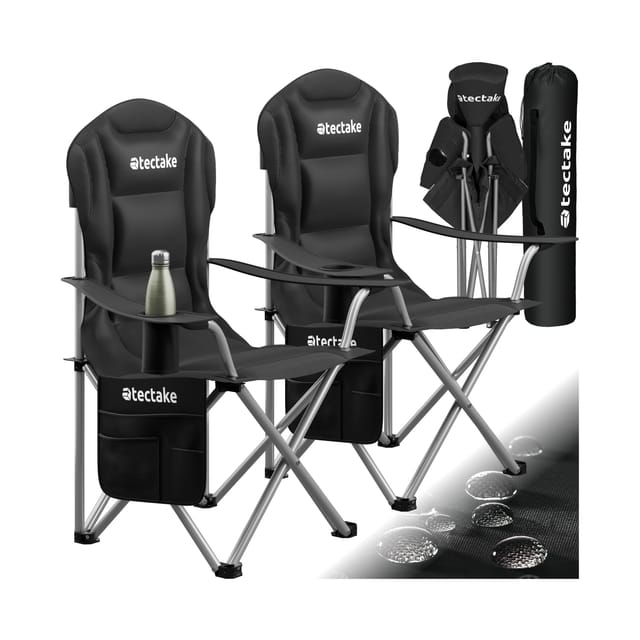 Tectake Gepolsterter Campingstuhl Mtx Faltbar Inkl Tragetasche Mit Getränkehalter und Seitentasche 2Er Set 55 x 88 50 x 103 cm Schwarz