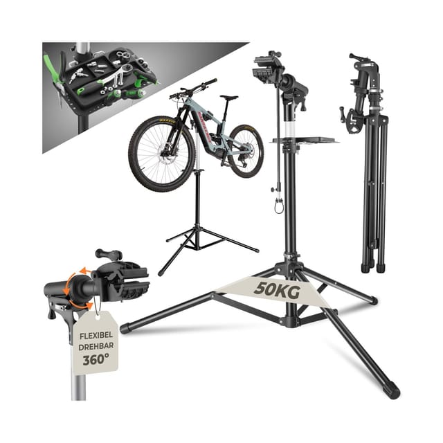 Tectake Fahrradmontageständer Tristan Belastbarkeit 50 kg Klappbar Mit Schnellverschlüssen Stufenlos Höhenverstellbar und 360° Drehbar 138 x 120 x 1