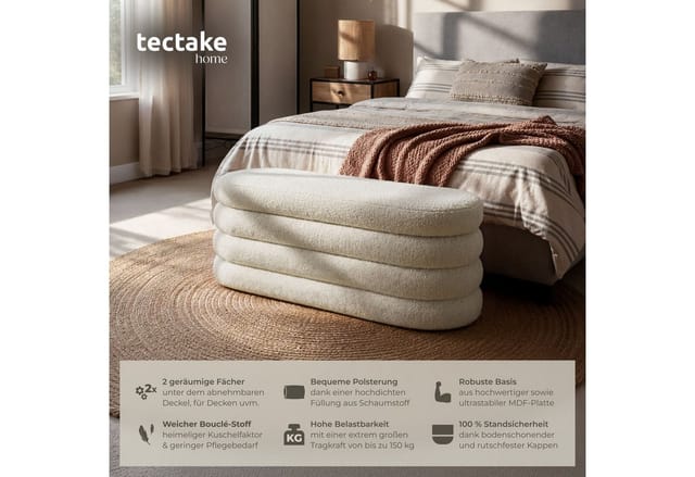 Tectake Polsterbank Altu Mit Samt Oder Bouclé 2 Große Staufächer 45 x 110 x 42 cm Bouclé Creme Weiß