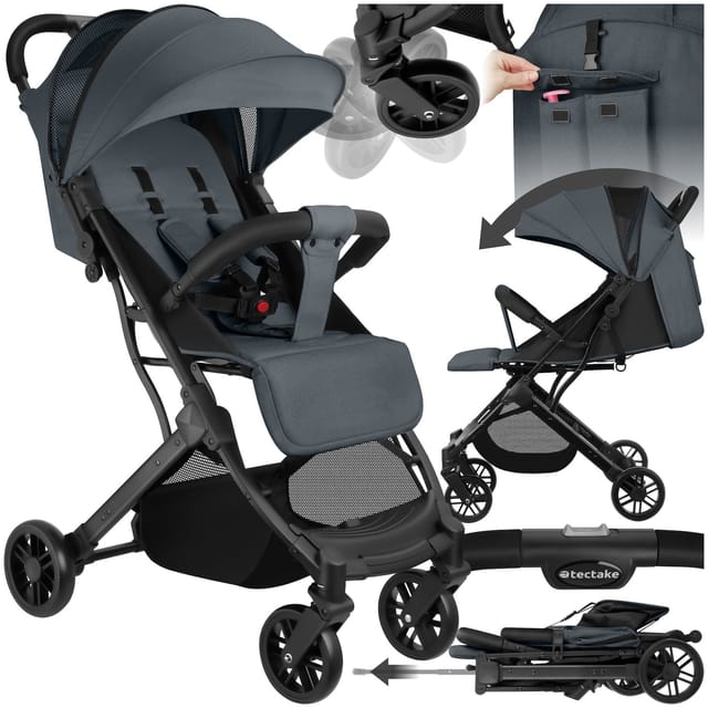 Tectake Buggy Kinderwagen Finn Einhand Klappmechanismus Mit 5 Punkt Gurt Feststellbremse Schutzbügel Verstellbare Rückenlehne und Beinablage Faltb