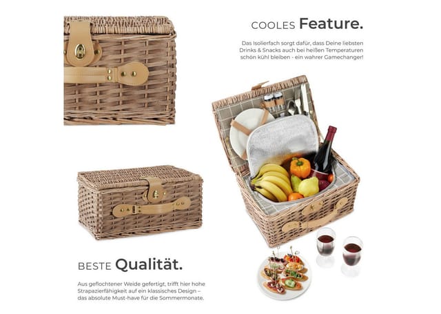 Tectake Picknickkorb Langeoog Für 2 Personen Integriertes Kühlfach 27 x 38 x 19 cm Braun